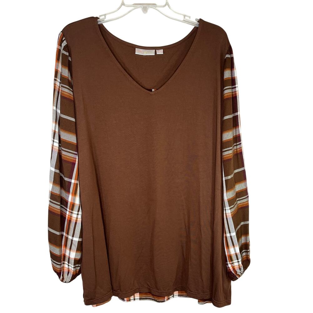 Belle by Kim Gravel mixed media top, brown/plaid, size 2X, EUC